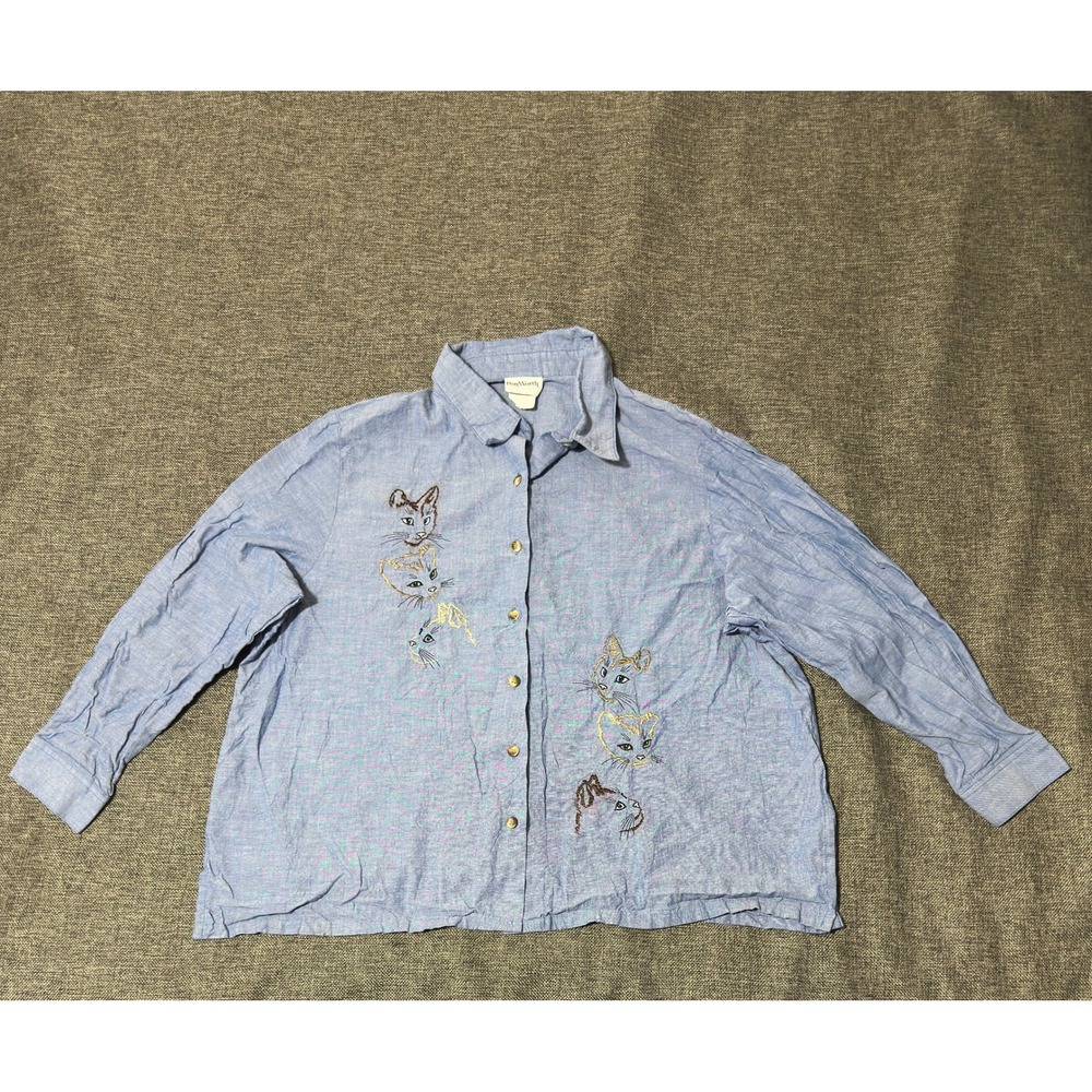 BonWorth Women's Petite Large Button Up Shirt Blue Cat Embroidered Cotton